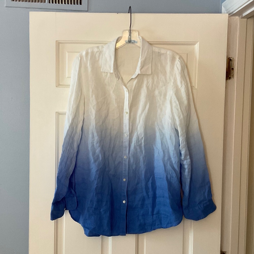 J. McLaughlin linen ombre shirt Britt white blue dip dye medium coastal nautical